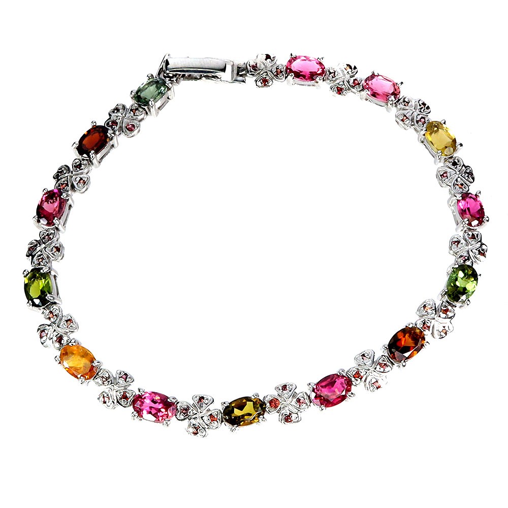 925 Sterling Silver Bracelet Oval Tourmaline Rhodolite Natural Gemstone Jewelry