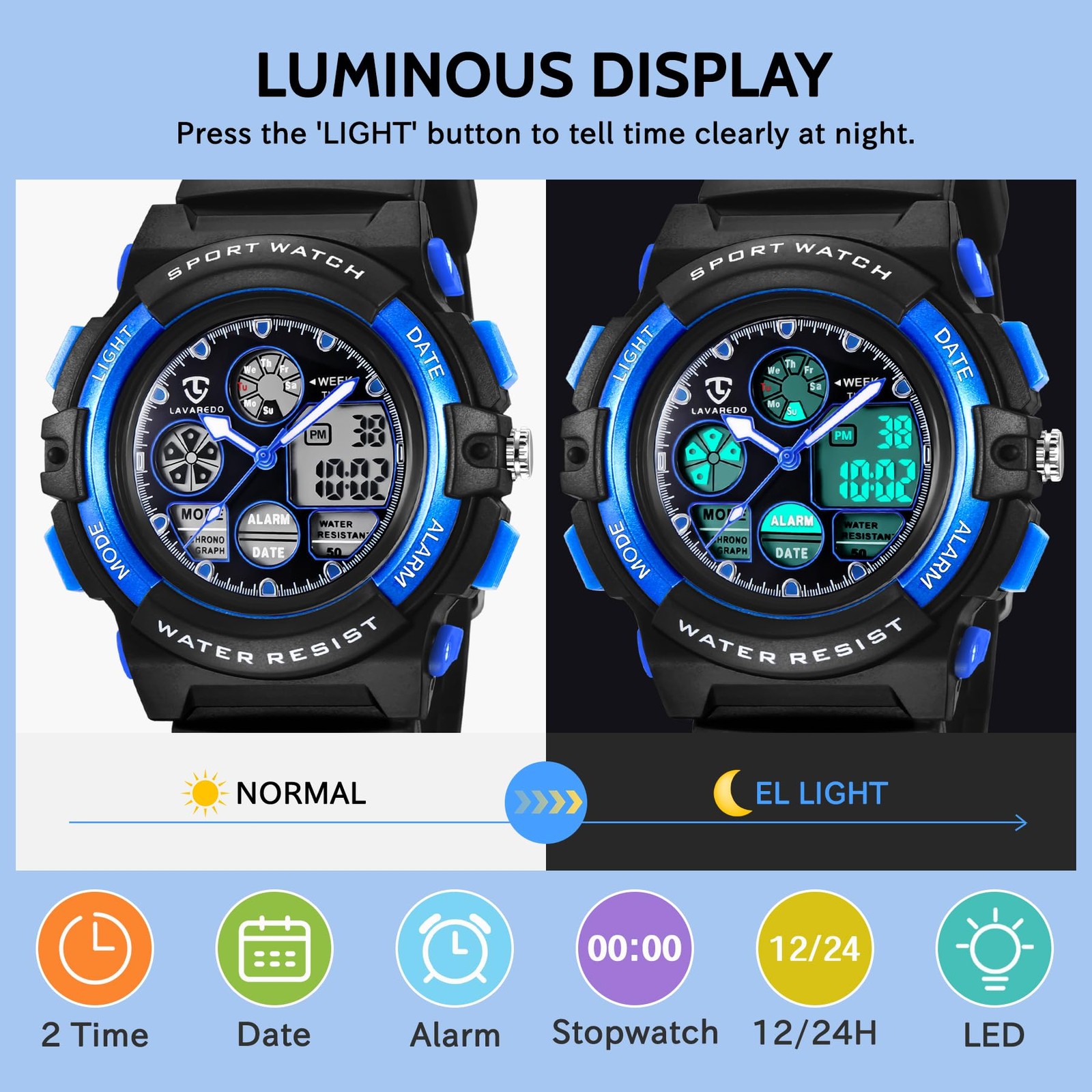 Bomieux Kids Analog Digital Waterproof Watch, Alarm, Stopwatch, Ages 01-Blue
