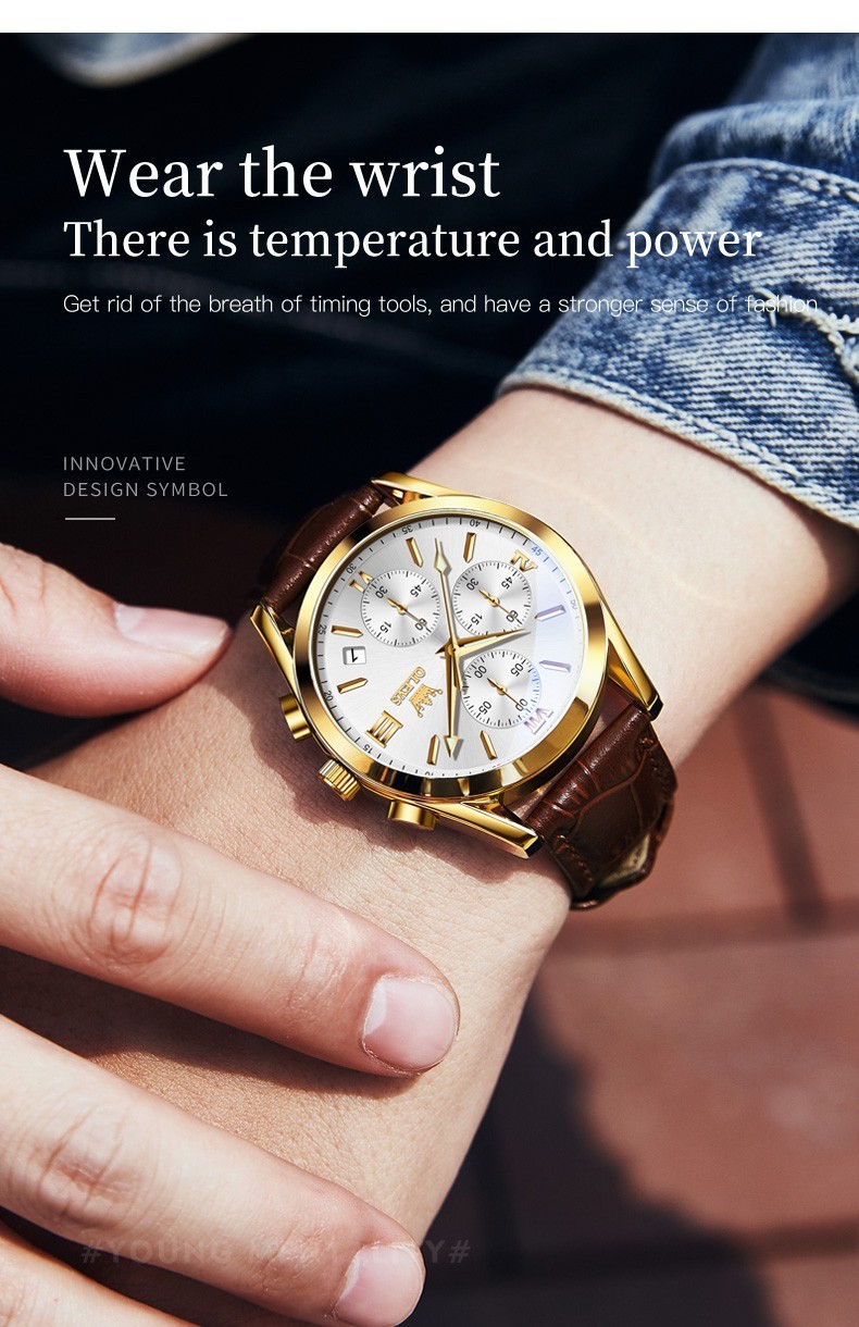 OLEVS 2872 Luminous Multifunctional Male Leather Top Quality Quartz Watches