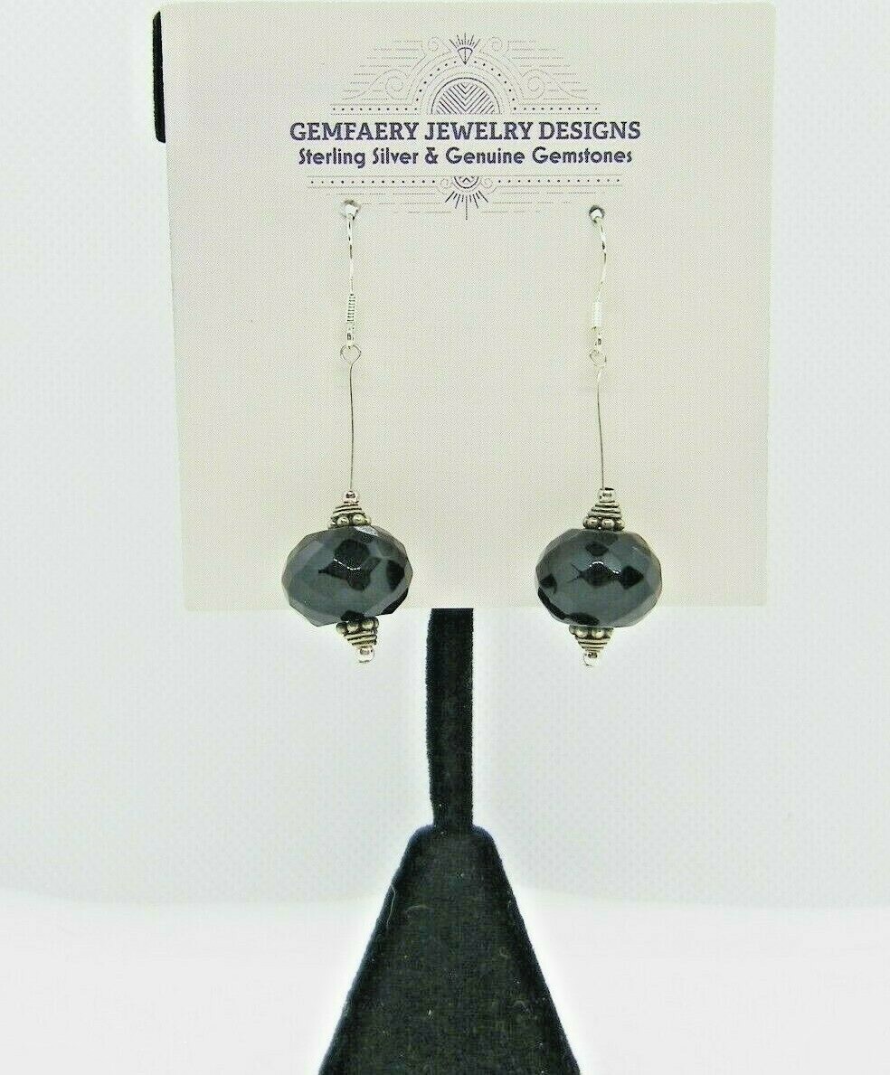 Sterling Silver Faceted BLACK ONYX Gemstone Long Dangle Earrings…Handmade USA