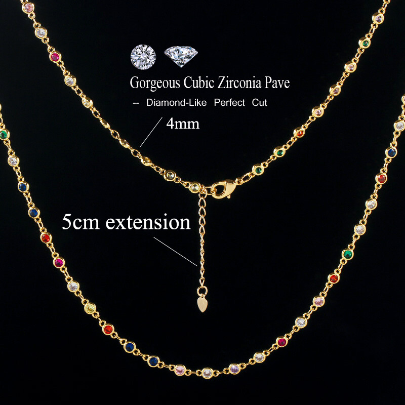 585 Gold Multicolored Round CZ Women Sweater Costume Long Chain Necklace Jewelry