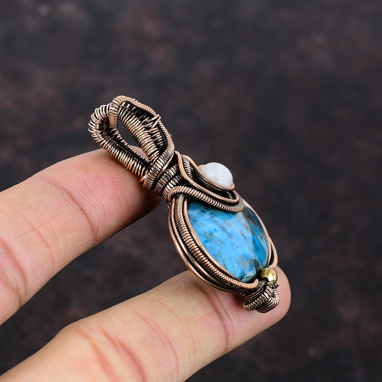 Anniversary Gift For Her Neon Apatite Wire Wrapped Pendant Copper Jewelry 2.13″