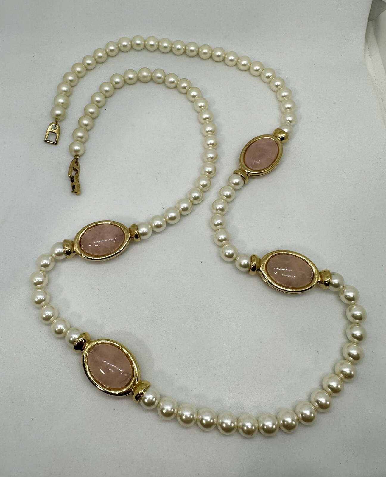Vintage Napier ~ 8mm White Pearl Beads & Rose Quartz Station Necklace ~ 30in