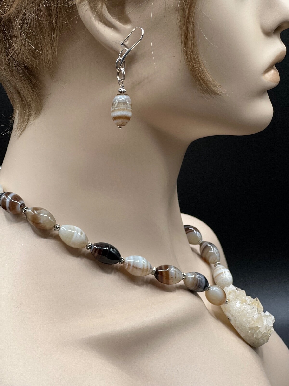 NATURAL DRUSY QUARTZ PENDANT WITH BOSTWANA AGATE BEAD NECKLACE EARRING SET
