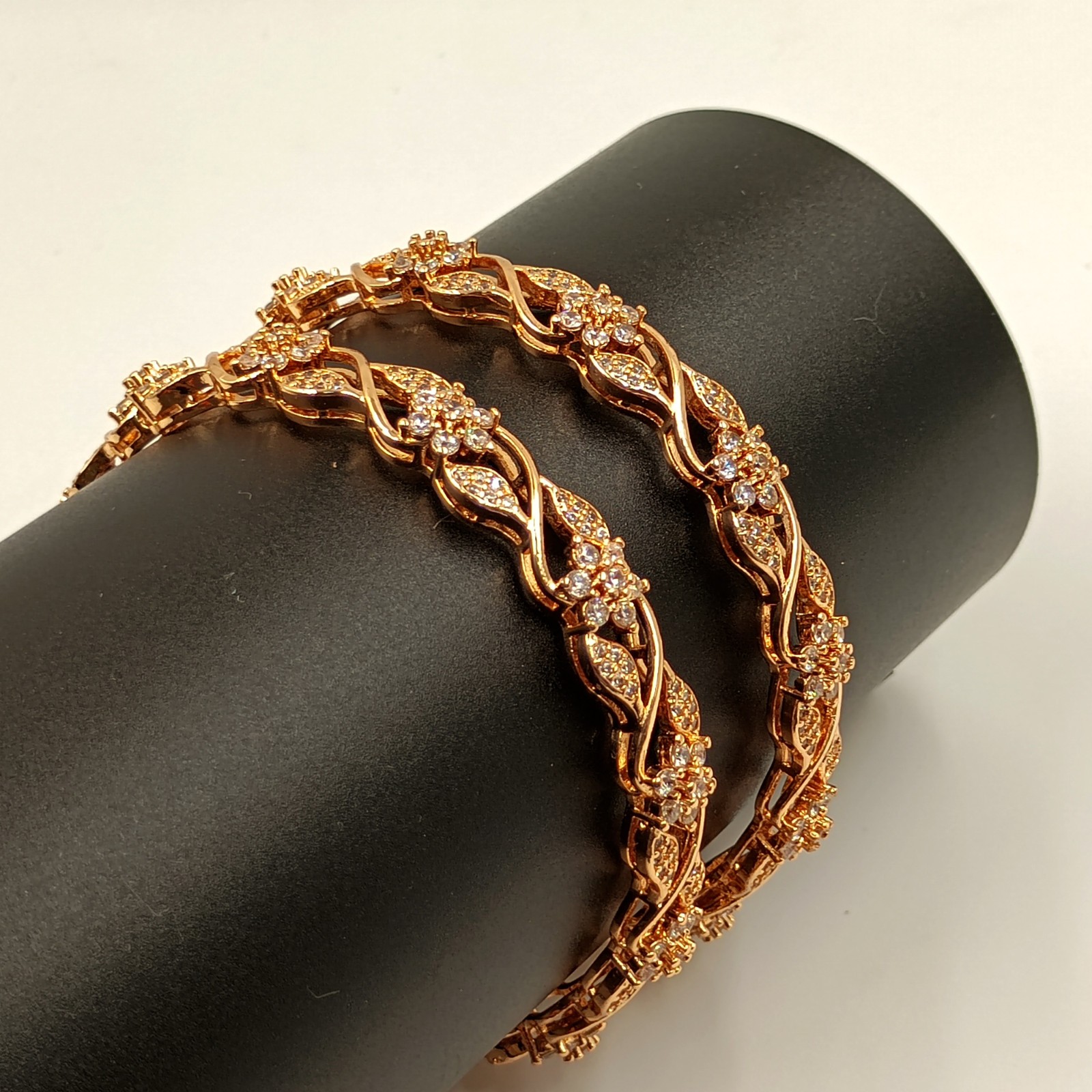 Cubic Zirconia 22k Rose Gold Plated Bangle, CZ American Diamond Bracelet 2 Pcs K