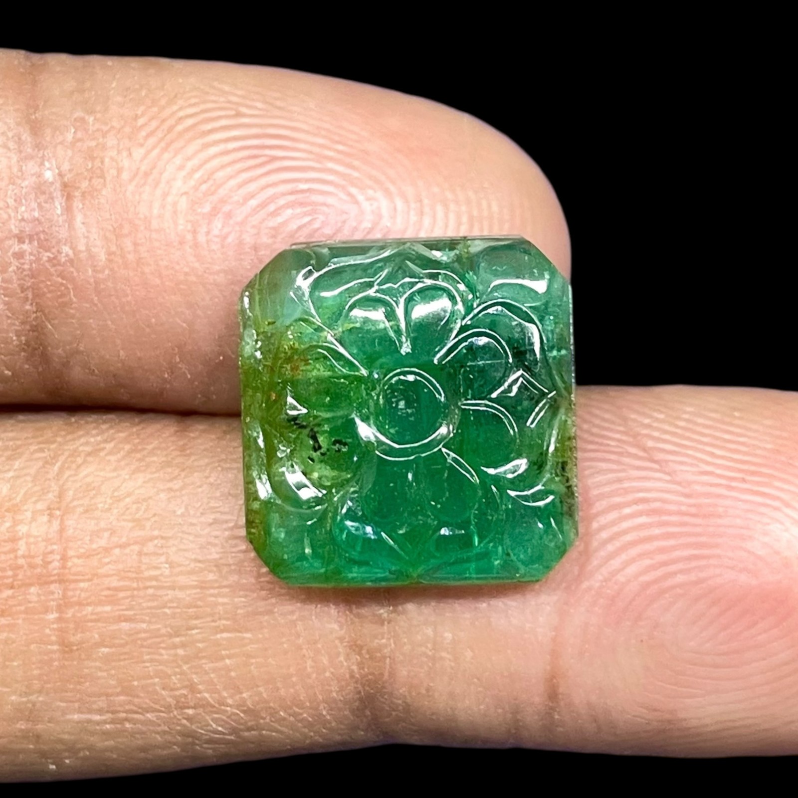 6.70 Cts Natural Zambian Emerald 14×13.7mm Rich Green Carved Untreated Gemstone