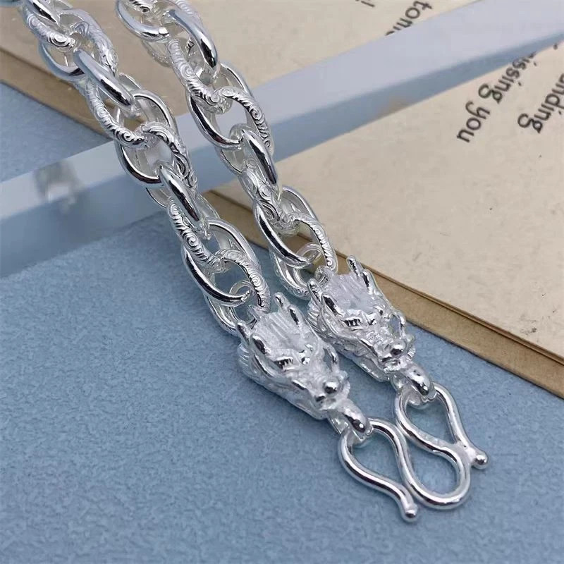 Pure S999 Fine Silver Chain 7mm Dragon Cloud Toggle Link Necklace 57-58G 25.6IN