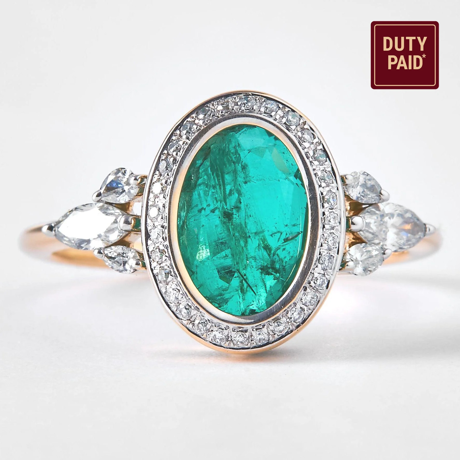 0.00 Natural Emerald Oval Halo Diamond Band Ring 14K Solid Gold Cluster Bezel