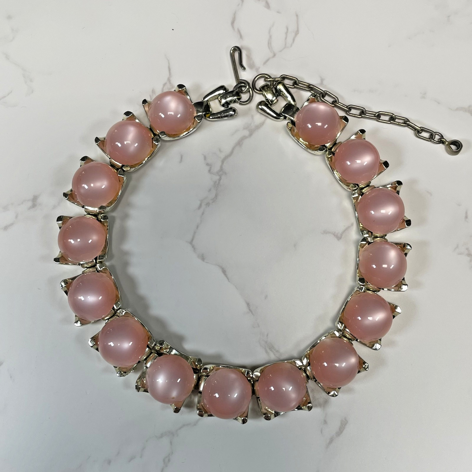 Vintage Coro Pink Moonglow Thermoset Chocker Necklace Silver Gold Tone MCM 12″