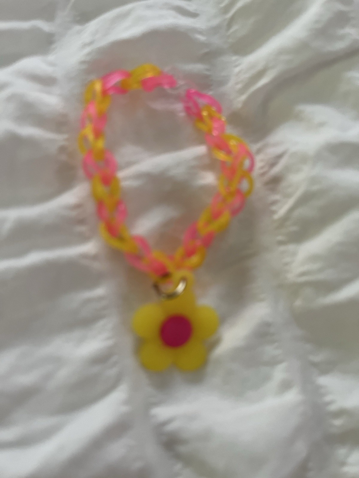 Unisex Kids Pink & Yellow Rubber Braided Charm Bracelet, Flower Dangle