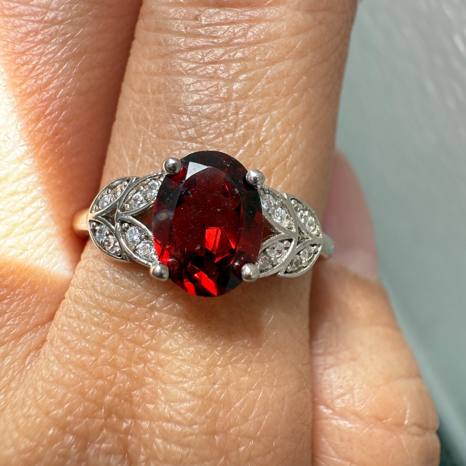 925 Sterling Silver Ring 8x6mm Natural Rhodolite Garnet Gemstone Zircon Flower