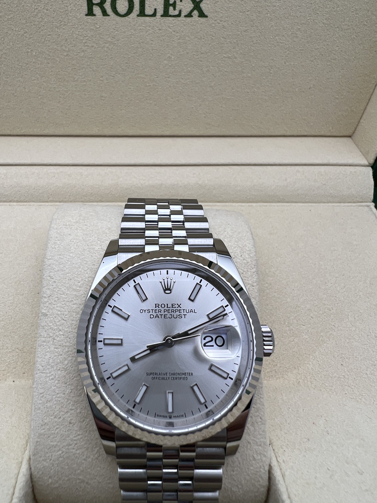 Rolex Datejust 36mm 126234 Silver Dial 18K Fluted Jubilee Steel Watch Box Papers