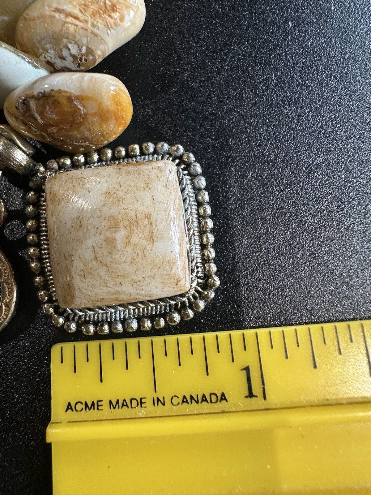 VTG 7.5” Polished Stone Bracelet W/Square Scrollwork Pendant & Toggle Clasp