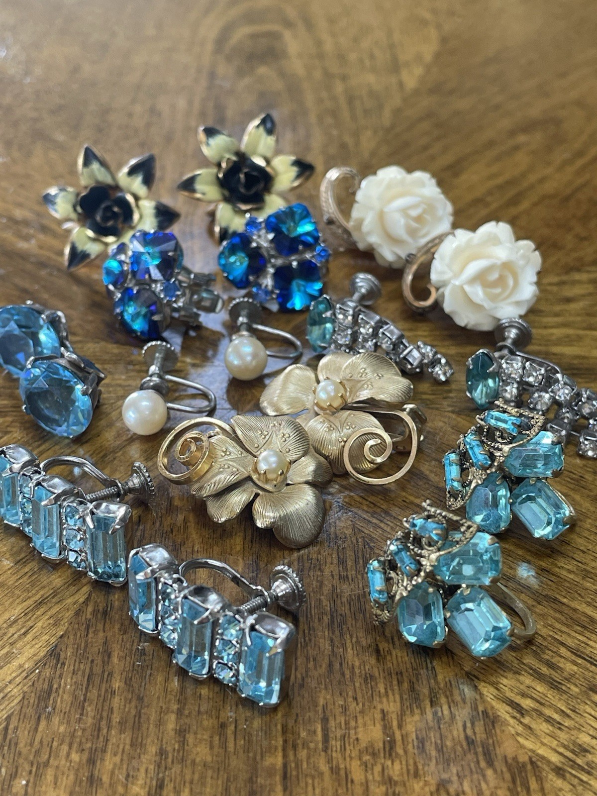 9 Pair Mid Century Clip & Screw On Earrings. Some Signed. Weiss, Star, Etc