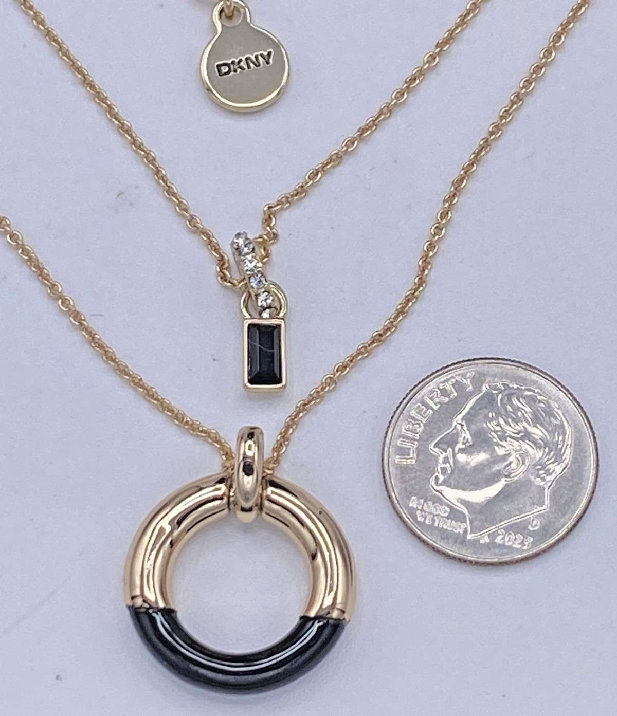 DKNY Gold Tone Organic Pendant Two-Row Necklace 16″ + 3′ extender NEW Gift Box