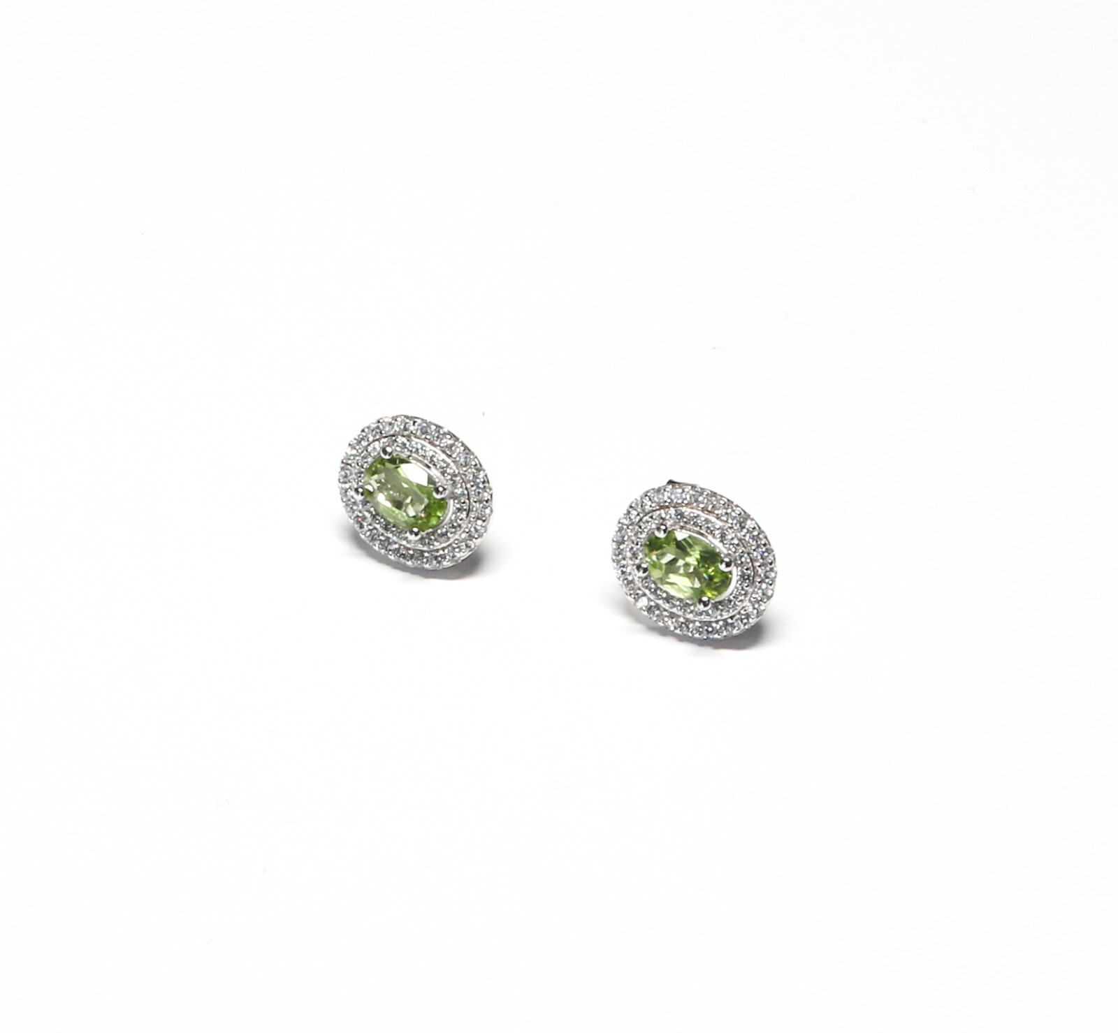 Sterling Silver Oval Cut Natural Peridot & CZ Pierced Earrings 11.35mm x 9.5mm