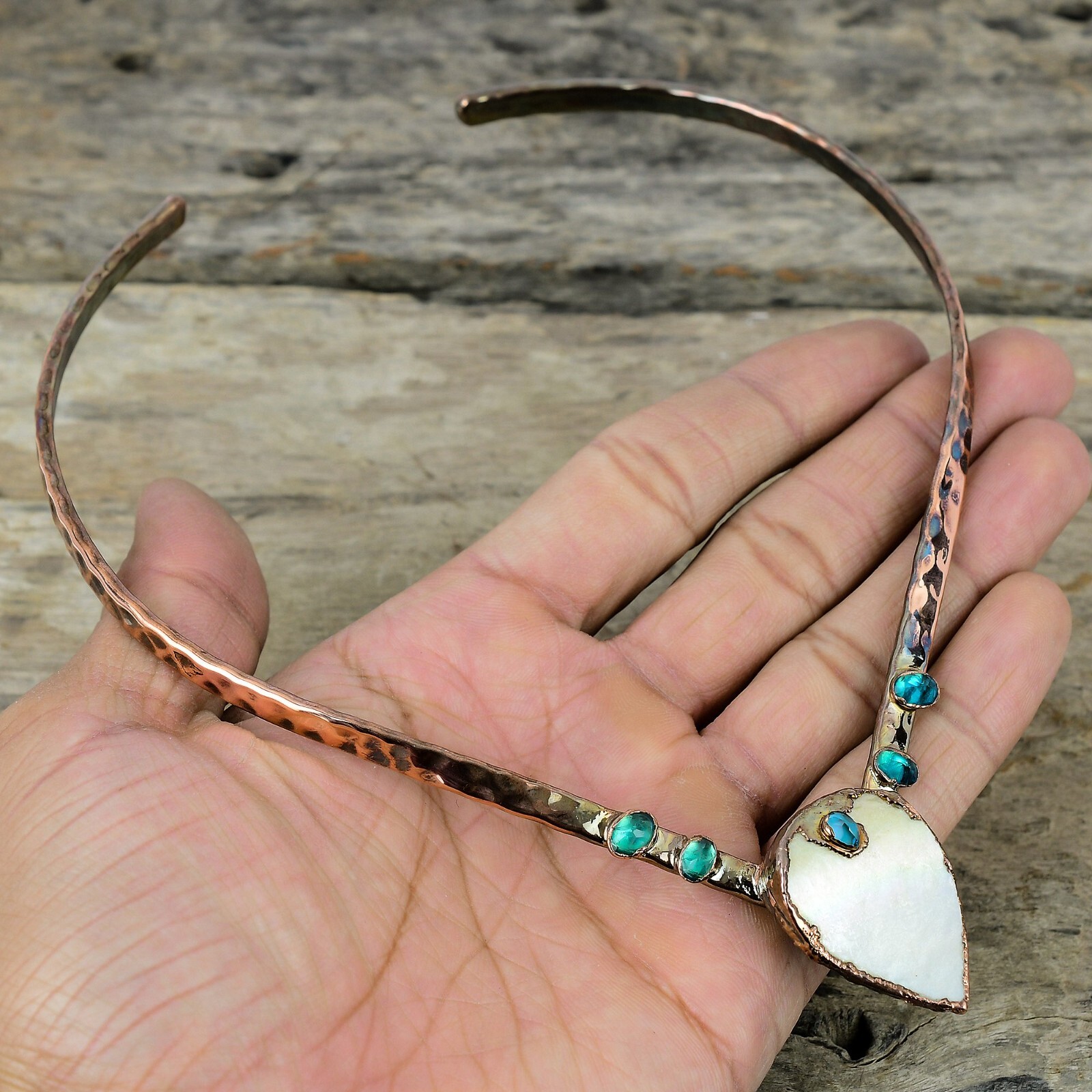 Natural Mother Of Pearl Indicolite Choker Electroformed Necklace Jewelry Copper