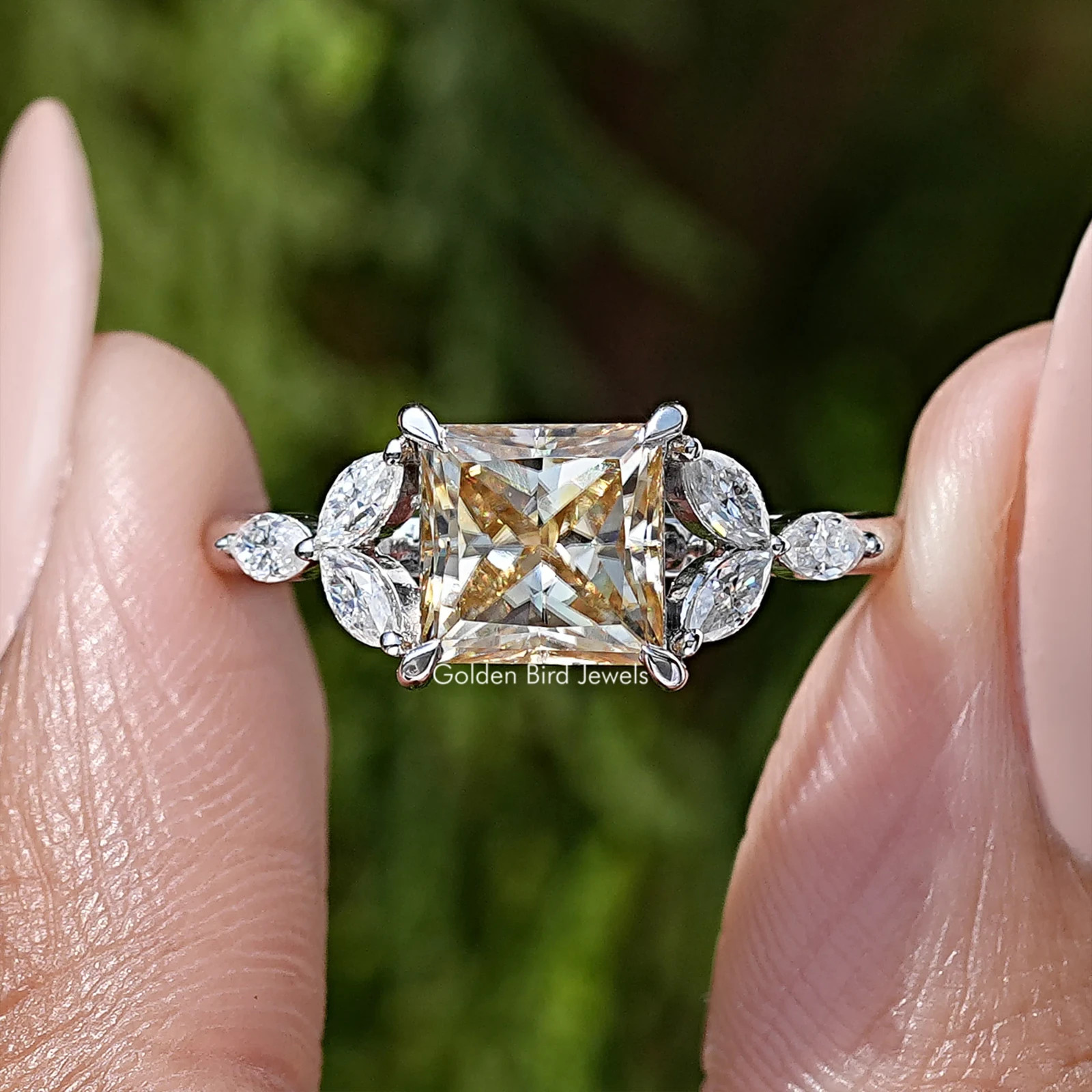 Yellow Princess Lab Diamond Leaf Accent Ring