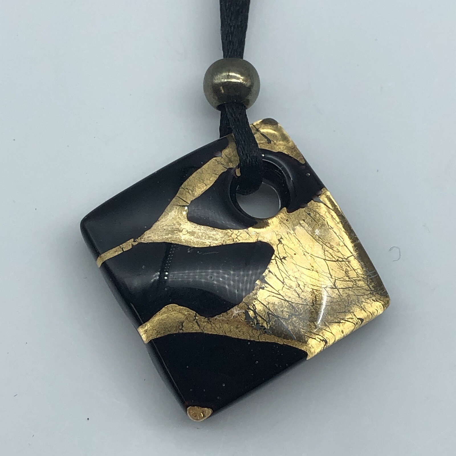 Murano Italian Glass Pendant Marked Vetro Multicolored Gold Black on Cord