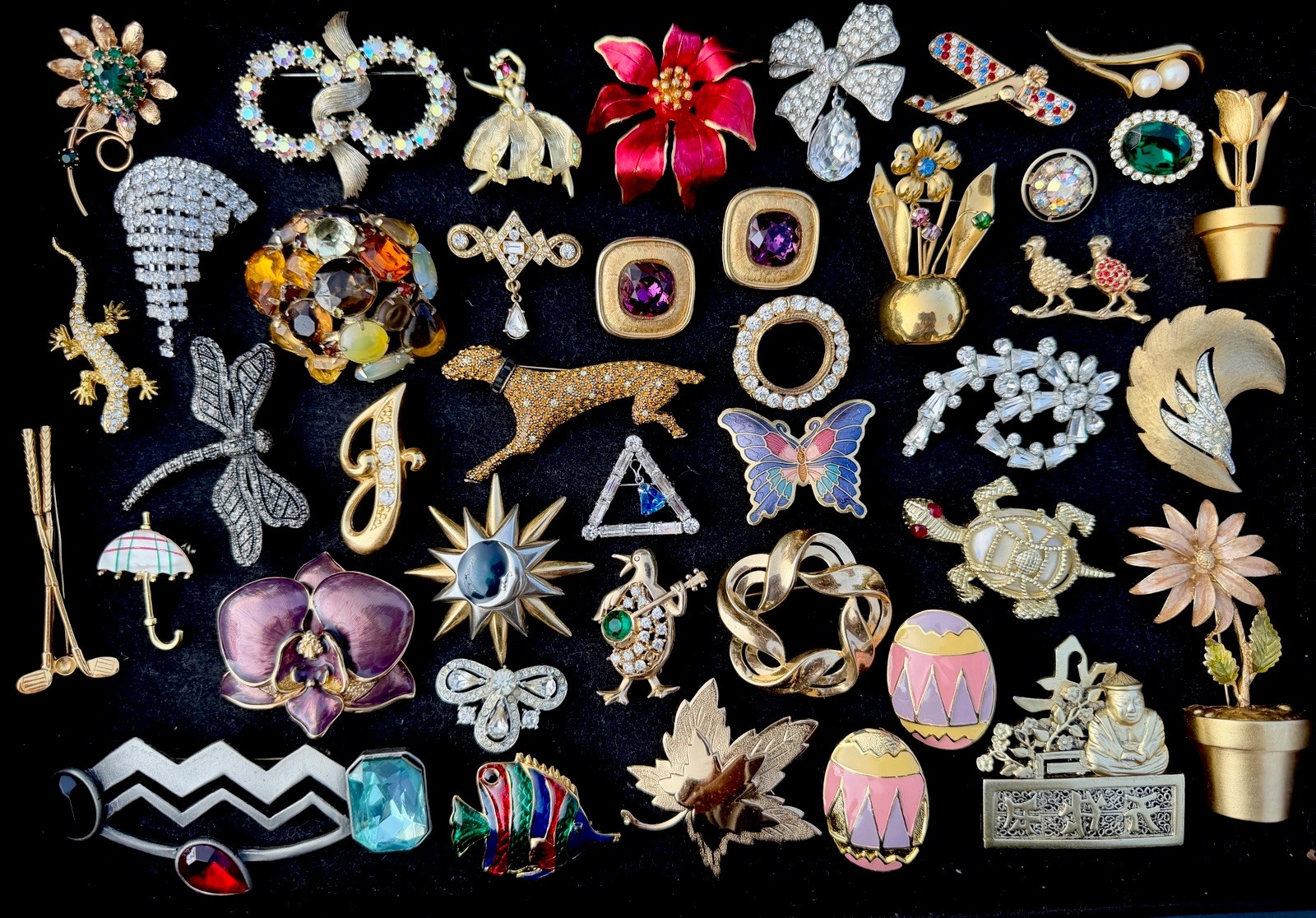Vintage Large Brooch Pin Lot Rhinestone Enamel Colorful Signed Unsigned Mix 77p