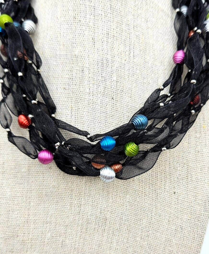 Black Laced Necklace 9 Strands SilverToned Dainty Beaded Cluster Multicolor 16″