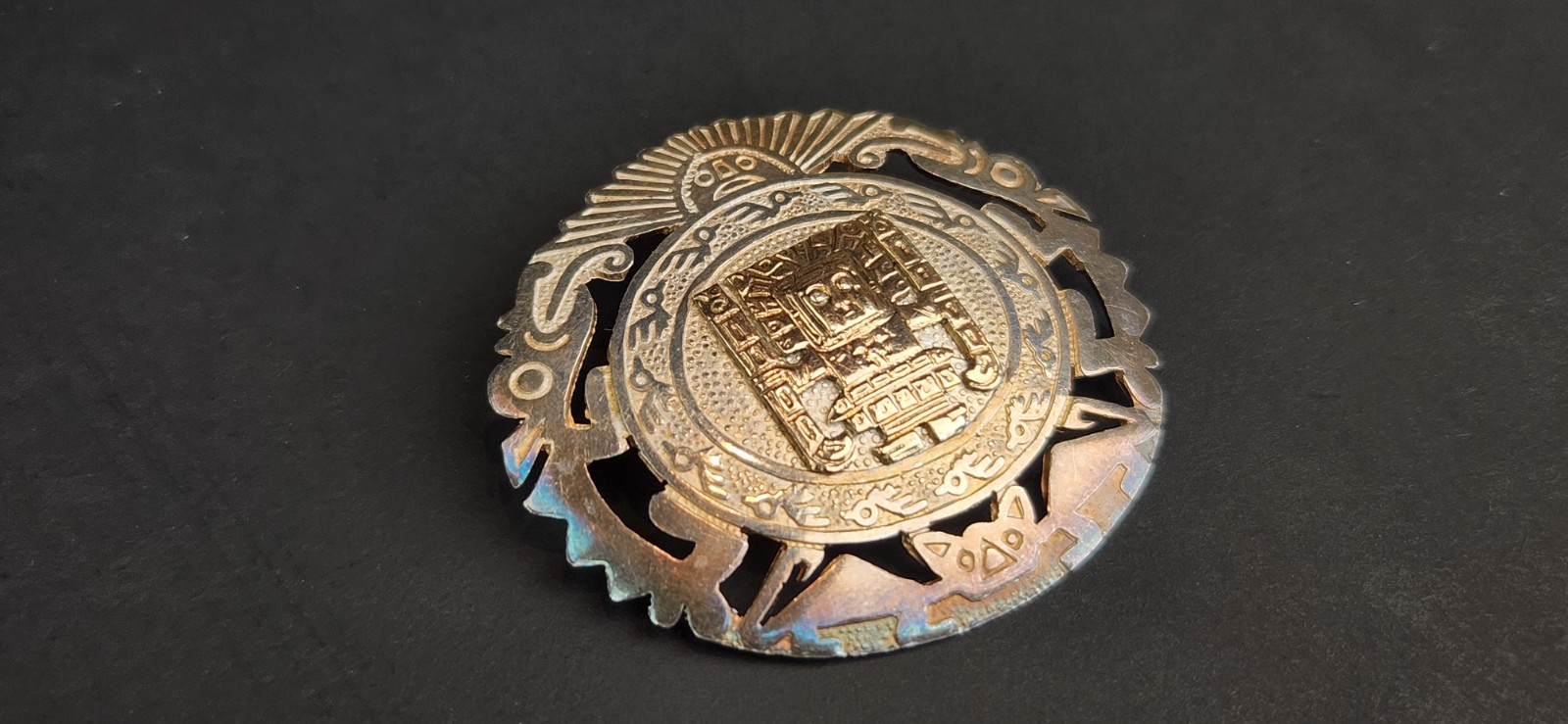 Vintage Peru STERLING SILVER & 18K GOLD Aztec Mayan Brooch