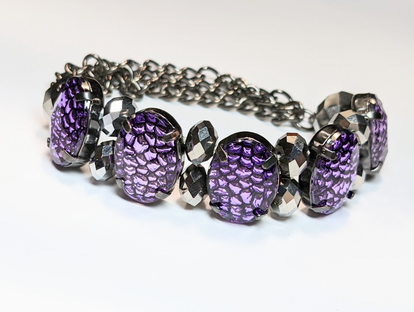 Snake Print Bracelet Chain Bracelet Woman Purple Silver Stretch Beaded 6 pcs
