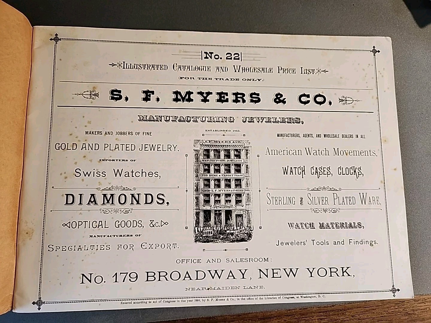 Vintage 1884 NO. 22 SF MYERS & CO. Antique Watch & Clock Catalog Reprint