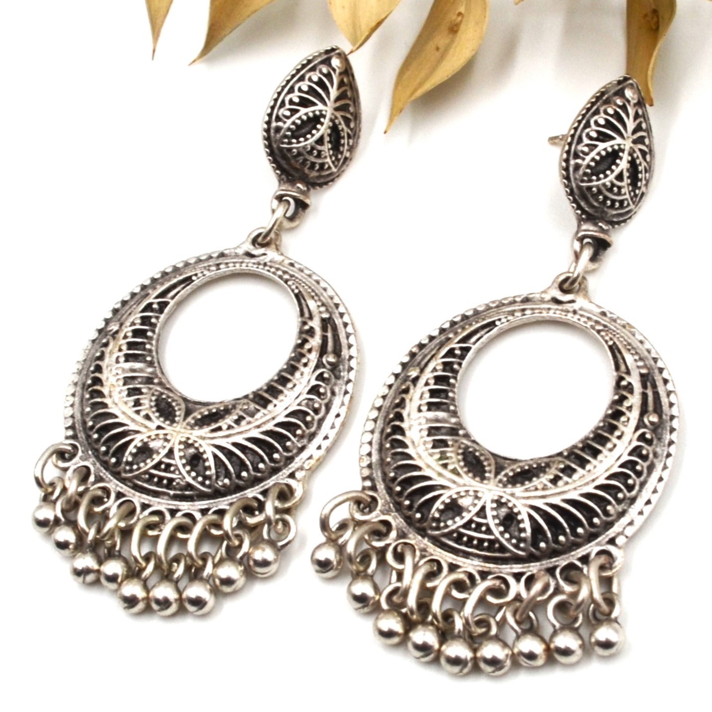 Boho Ethnic Antique Silver Crescent Chandelier Dangle Fringe Bohemian Earrings