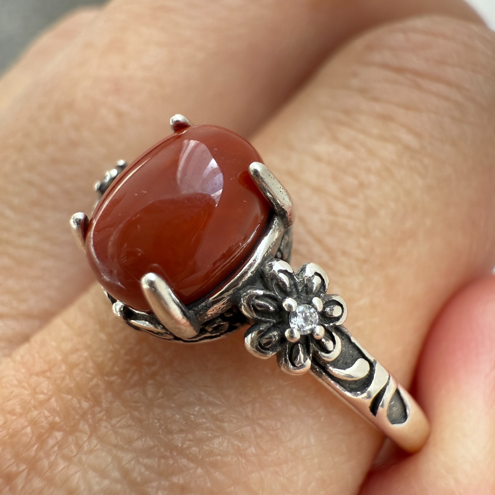 925 Sterling Silver Ring 8x6mm Natural Red Agate Handmade Birthstone Flower Gift
