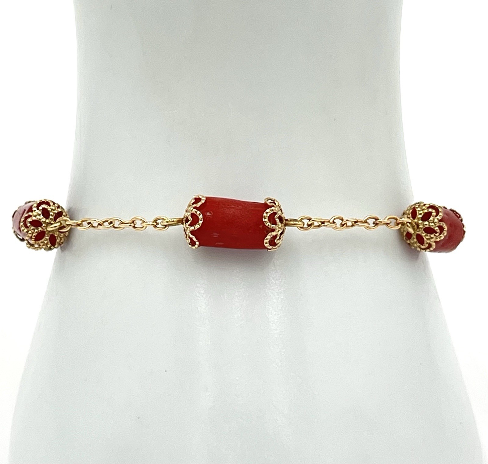 Handmade 14kt Gold Barrel Mediterranean Red Coral Bracelet