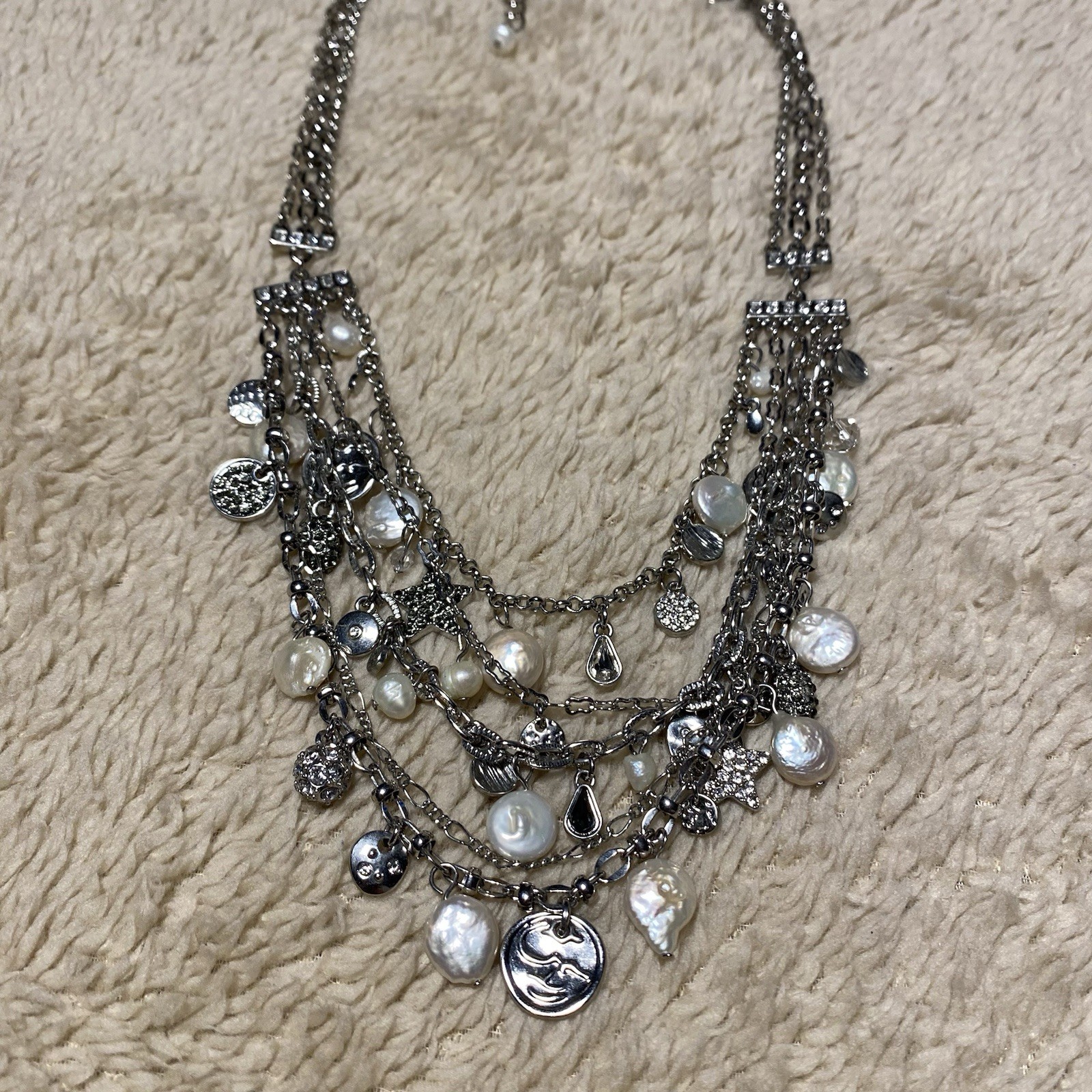 Joan Boyce Adjustable Layered Necklace Silver Crystal Pearl Multi-Charm Chain