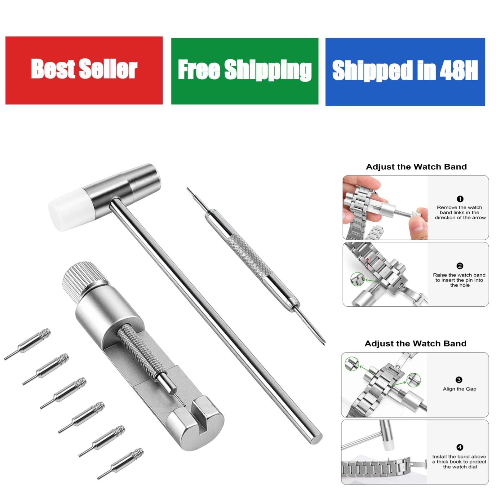Solid Watch Link Removal Kit with Hammer & Pins – Watch Band Adjustment Tools