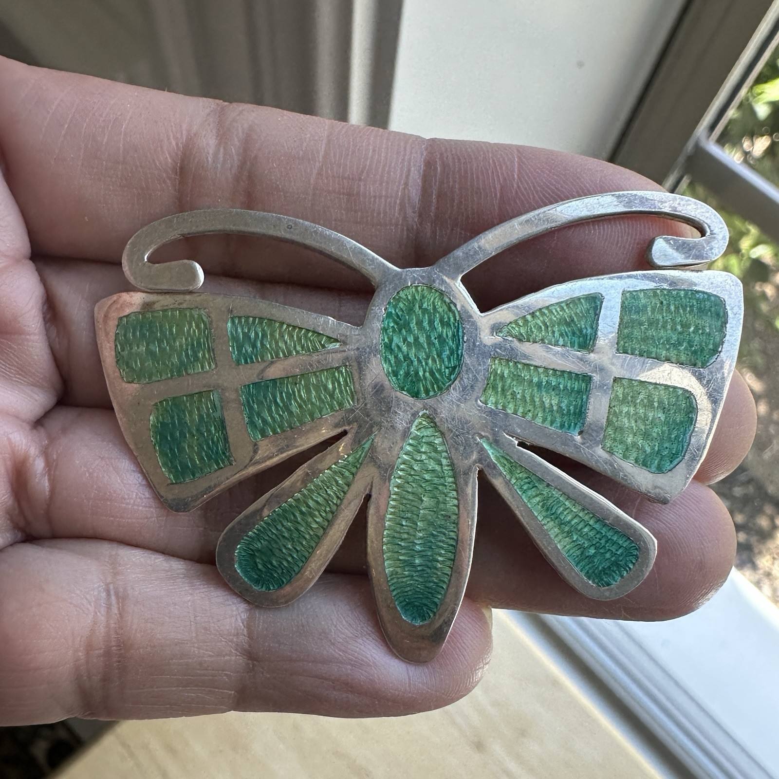 VTG Mexico Artisan Butterfly Brooch Pendant 2.4 Inch Acrylic 925 Sterling 13.9g