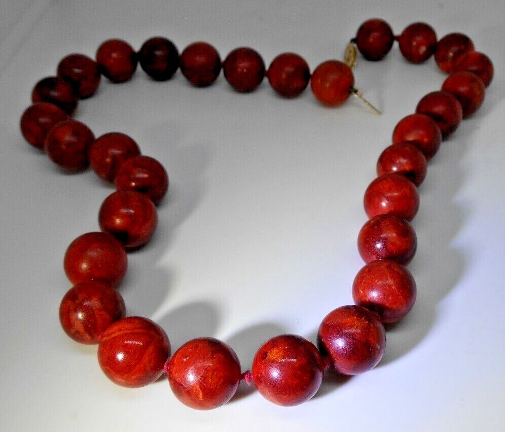 Antique 15mm Red Sponge Coral Bead Necklace 14k Yellow Gold Filigree Clasp 19″