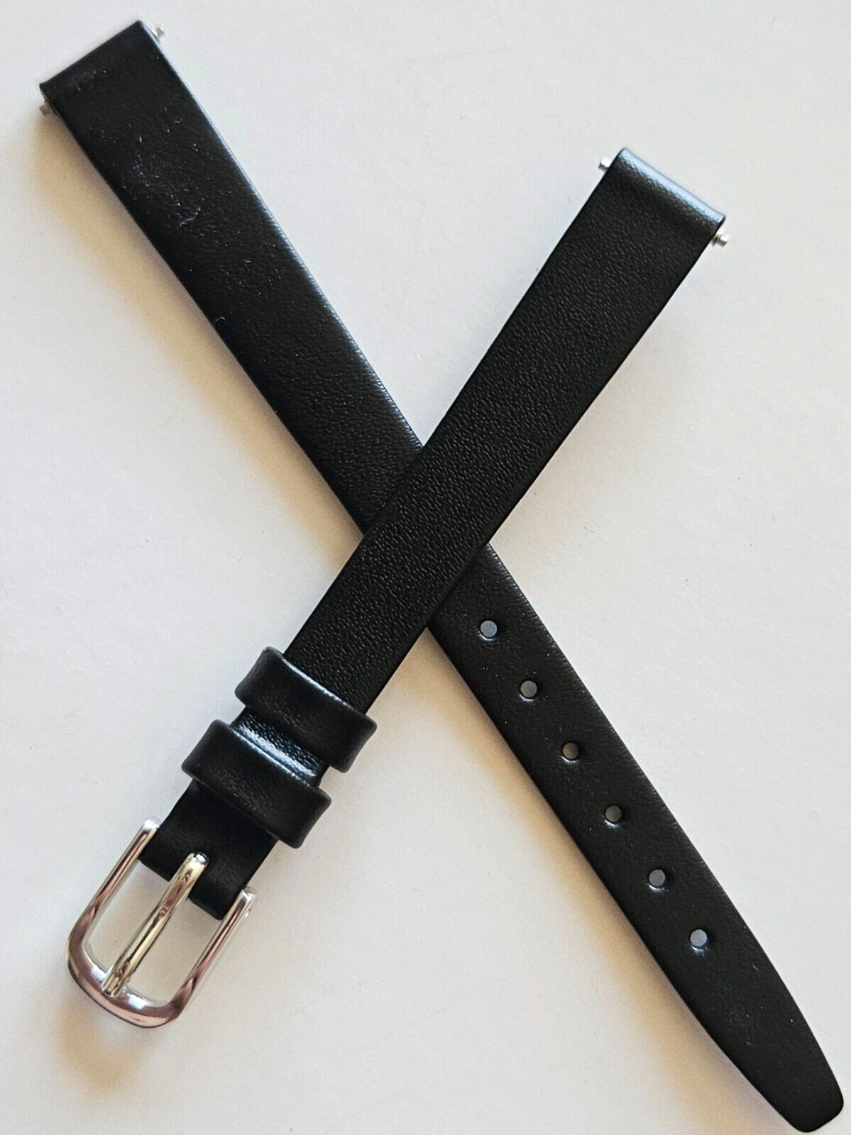 10mm – Black Genuine Leather Watch Band – ( Silver Buckle / Pins Included )