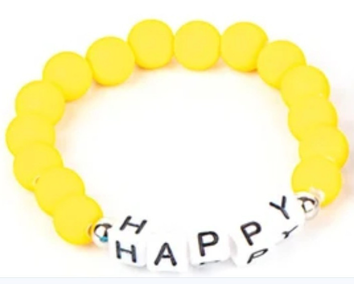 Yellow/White/Black Plastic Round Beaded Stretch Bracelet “HAPPY” Inspirational