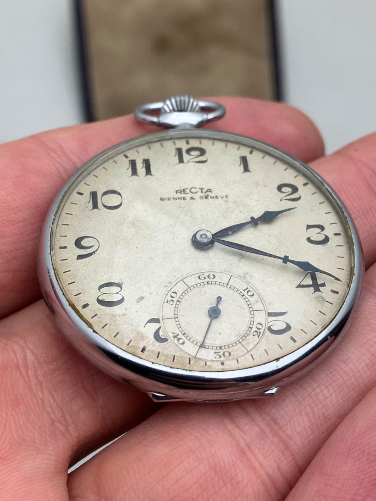 Recta Bienne &Geneve Vintage Pocket Watch BLUE JEWELS ! RARE! Works 23 Hours!