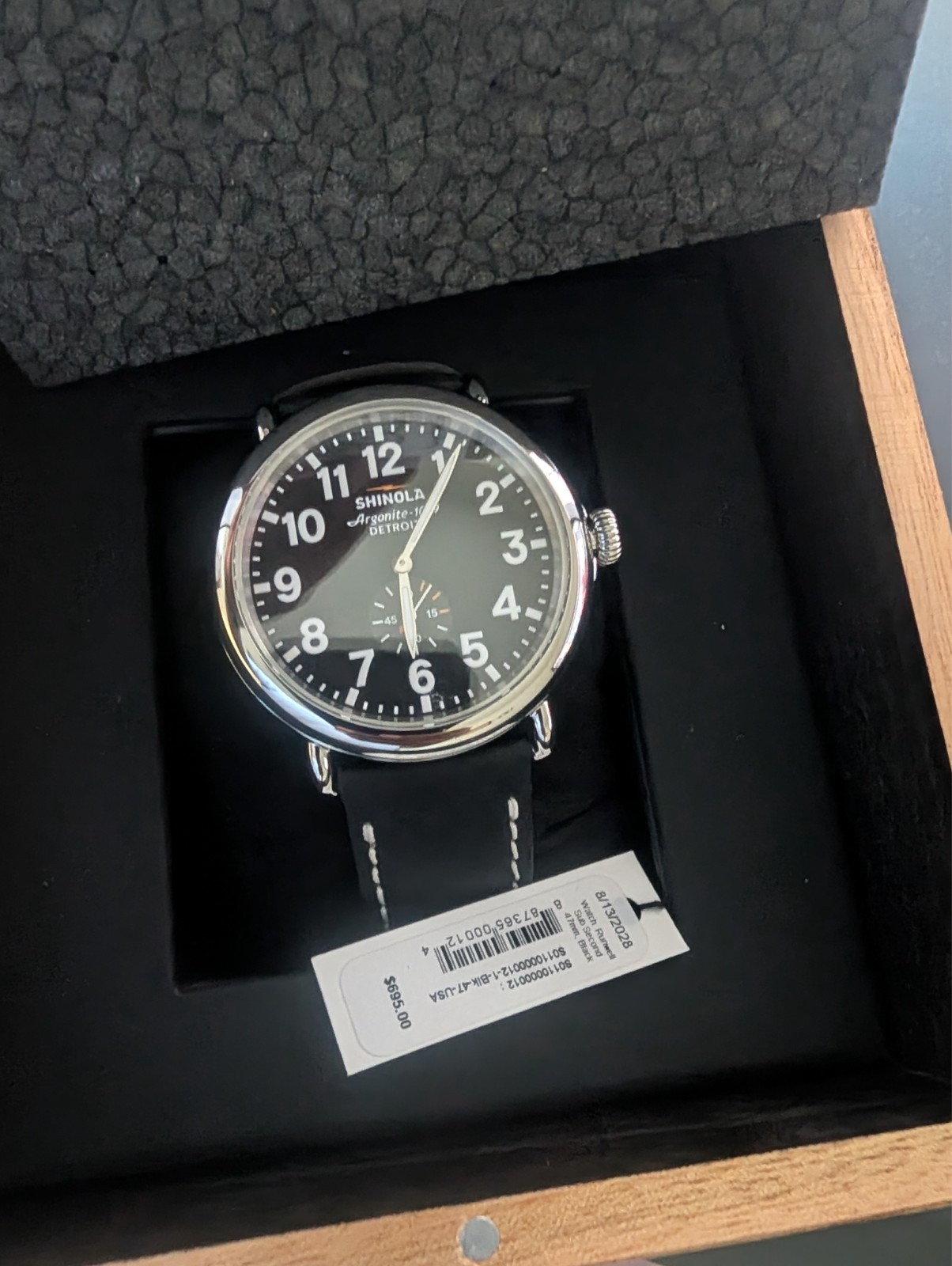 Men’s Shinola Runwell Argonite 1069 Black Dial Black Strap Quartz Watch 47mm