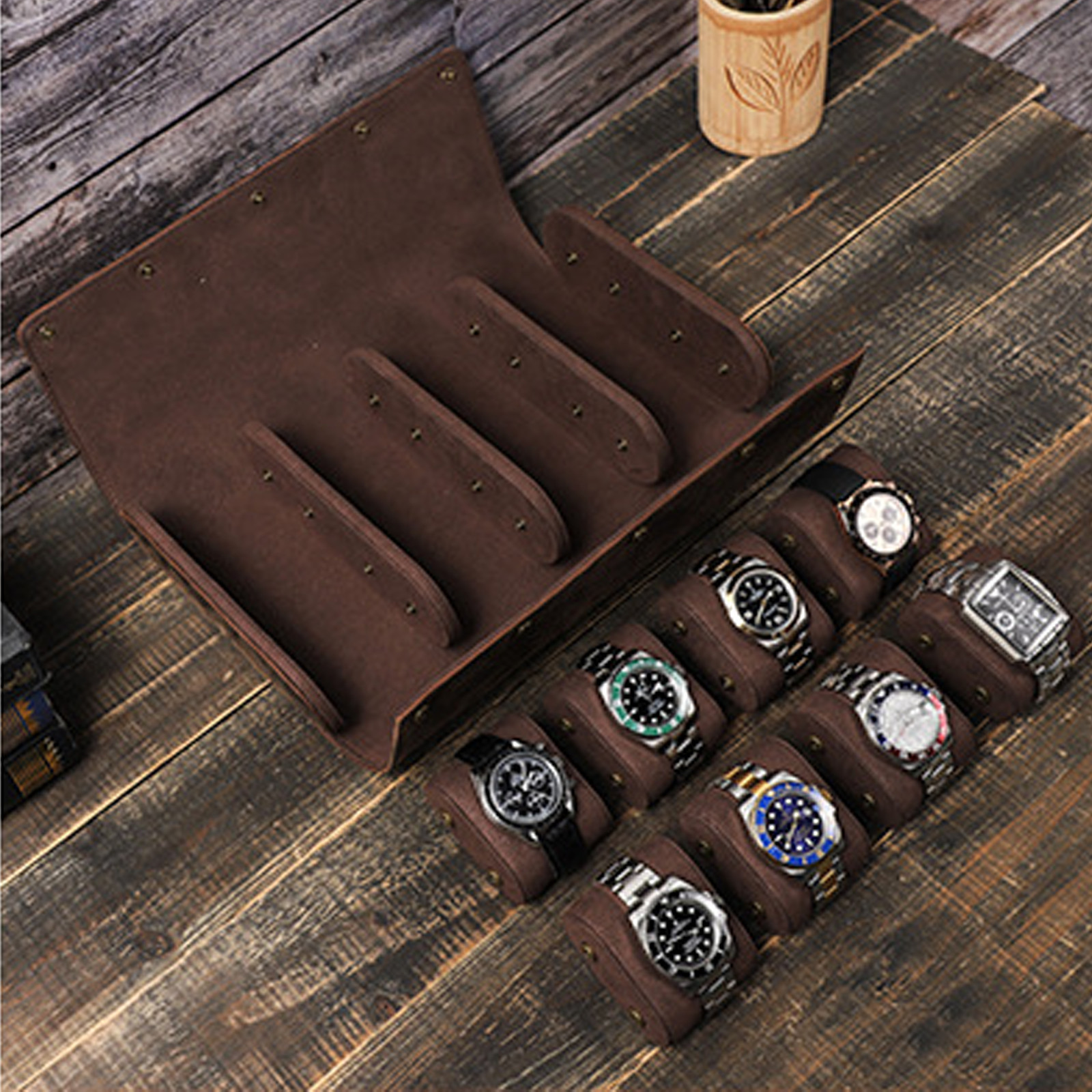 Watch Case Handcrafted Crazy Horse Leather 8 Watch Slot Vintage Organizer Coffee