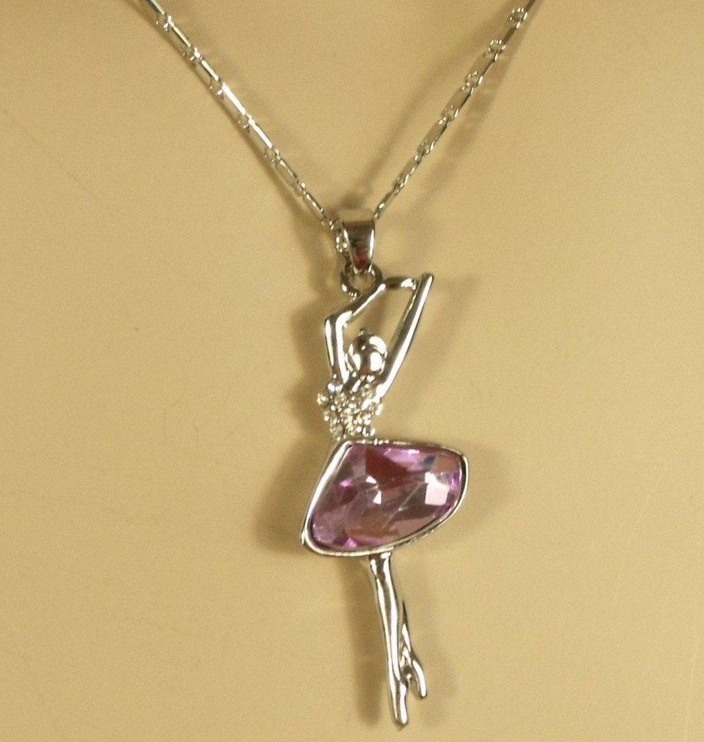 White Gold Light Pink Crysal Ballerina Ballet Dancer Pendant 15 1/2 in Necklace