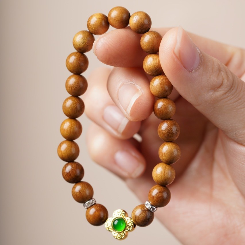 Round Golden Nanmu Meditation Bracelet Buddhist Prayer Beads for Men and Women