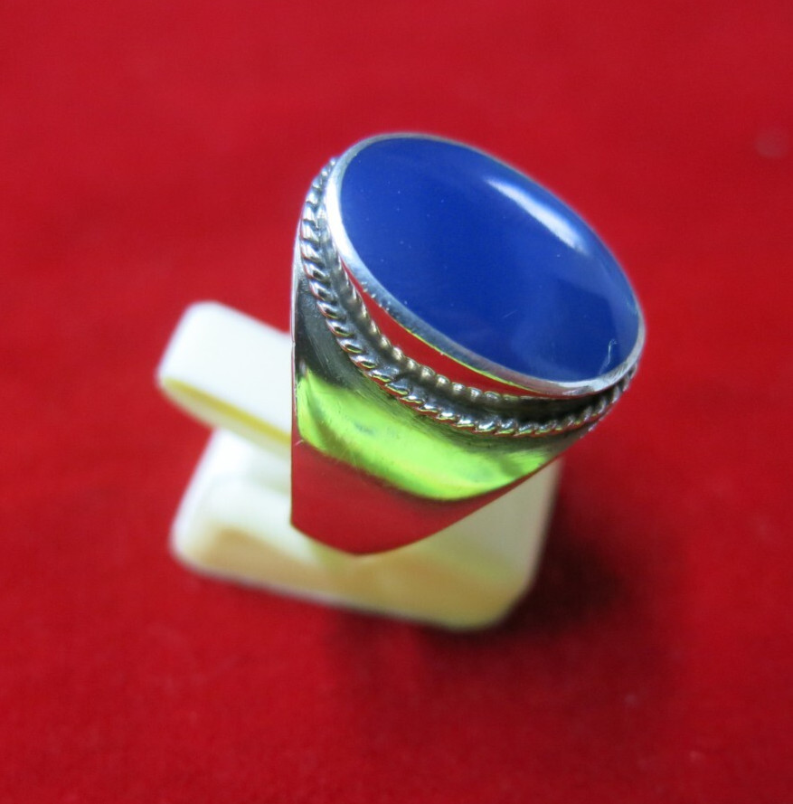 Egyptian 925 Sterling Silver Blue Agate Ring Unique Design Size 9.5