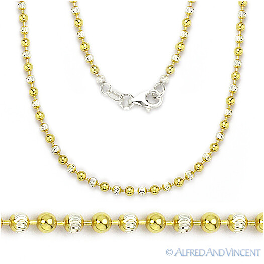 2.5mm Moon Bead Link .925 Sterling Silver 14k Yellow Gold-Plated Chain Necklace