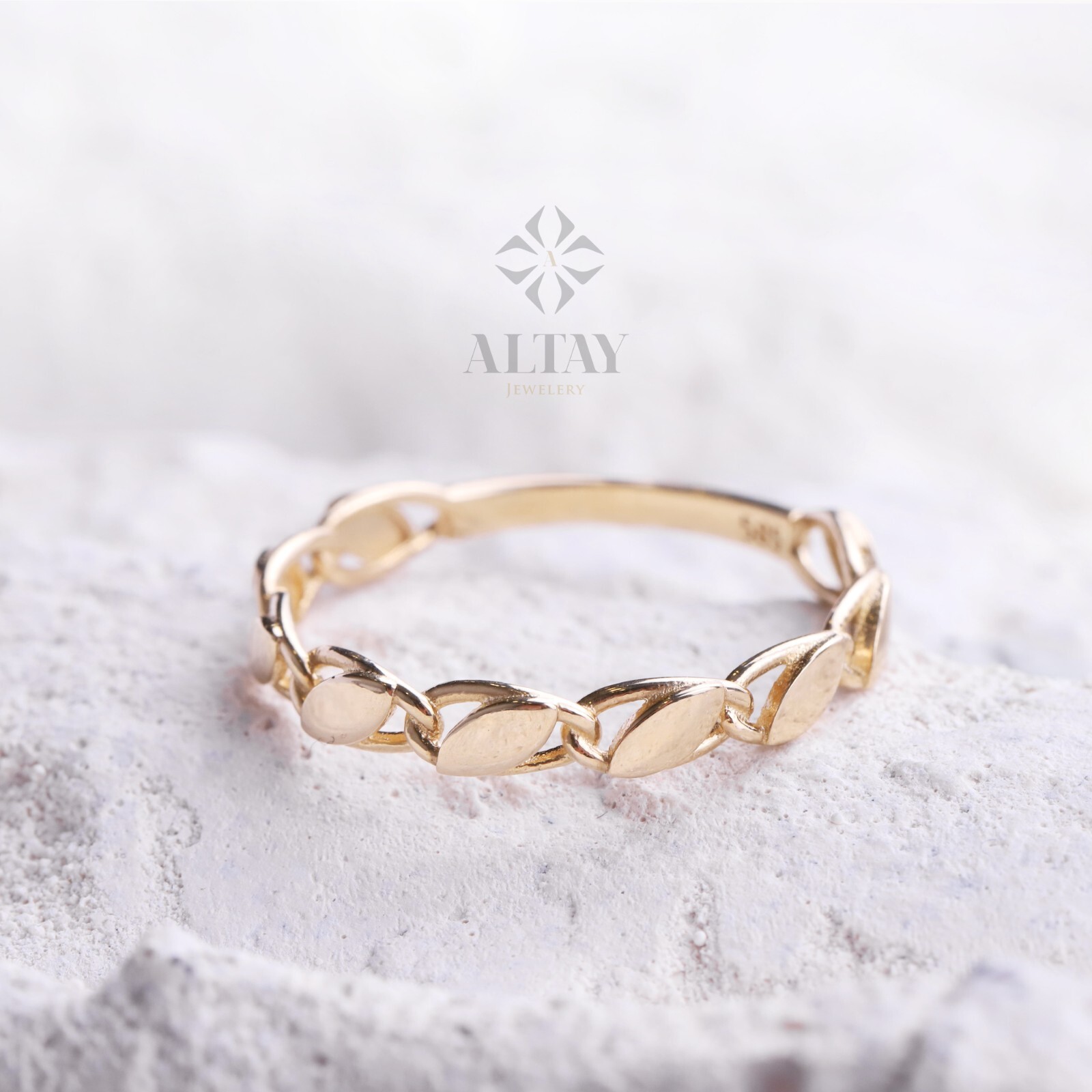 14K Solid Gold Mirror Chain Ring, 3mm Sequin Ring, Elegant Unisex Chain