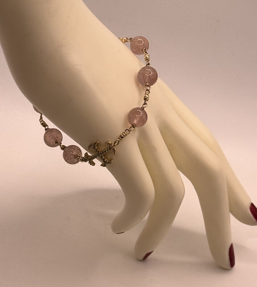 Stylish 14K Yellow GF Gold Filled Diamond Cross Pink Quartz Bracelet 8.6 gr #4