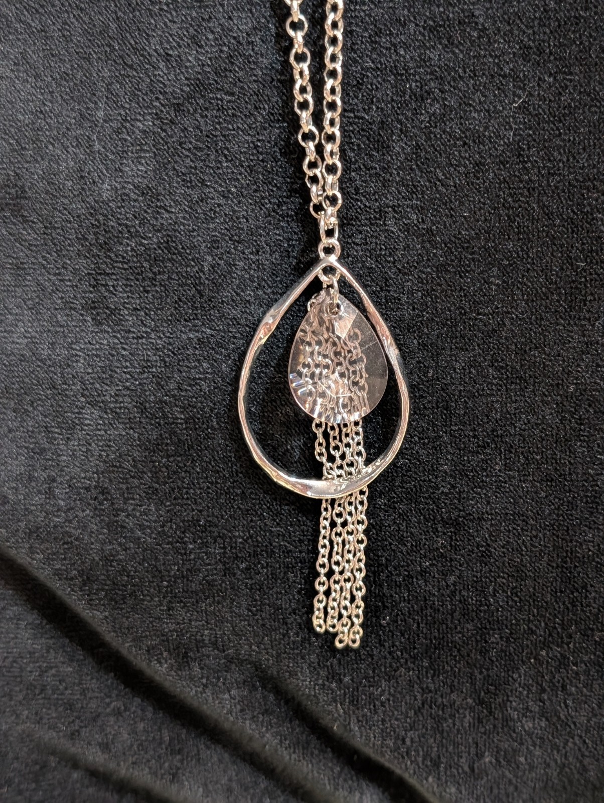 Silver Tone Cable Chain Necklace Clear Crystal Teardrop Tassel Pendant
