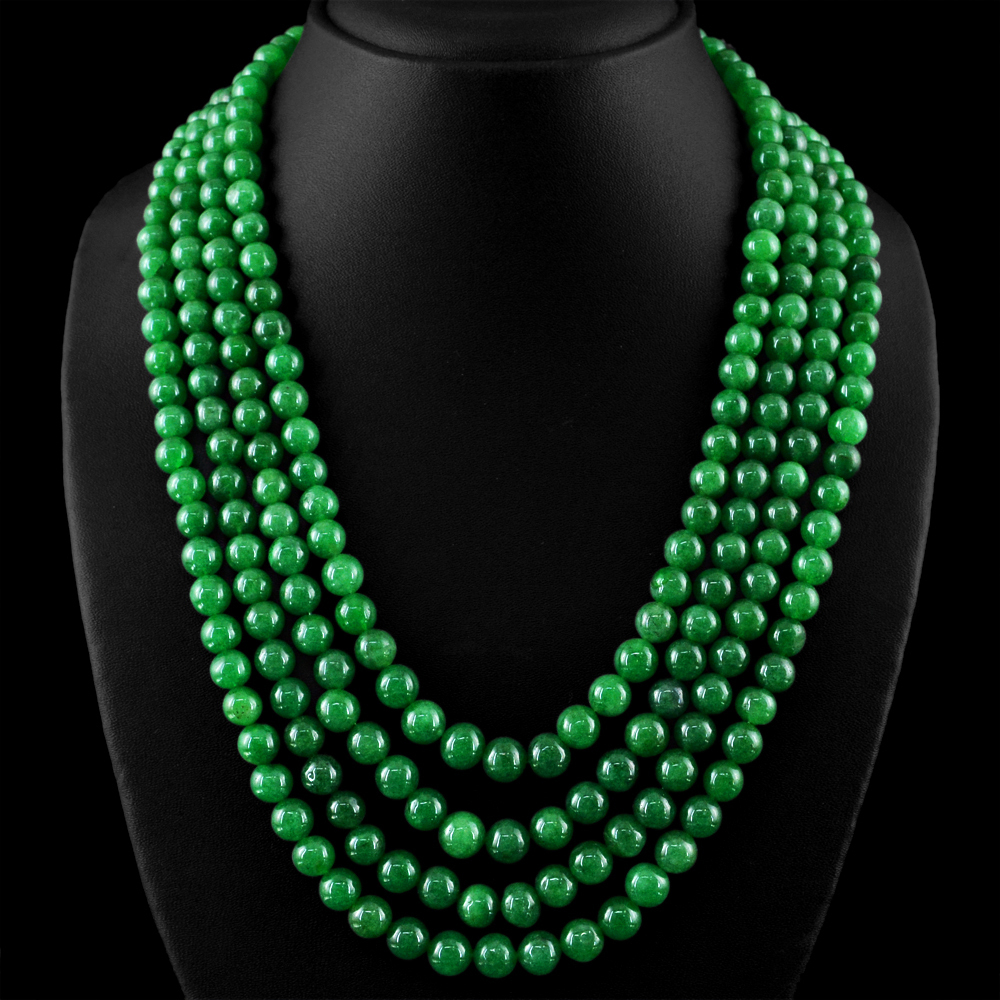 898 CTS EARTH MINED 4 STRAND ENHANCED EMERALD ROUND SHAPE BEADS NECKLACE