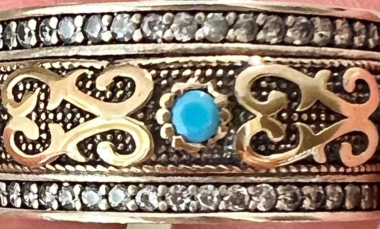 REAL Blue Turquoise & Diamond SOLID 14K Gold 925 Band Ring Etruscan Rev. Size 11