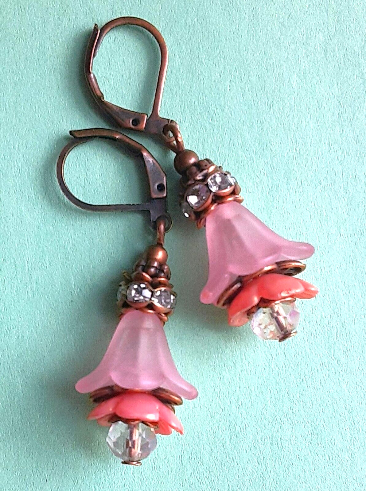 PINK PEACH acrylic FLOWER with CRYSTAL ring earring COPPER color LEVER BACK XX